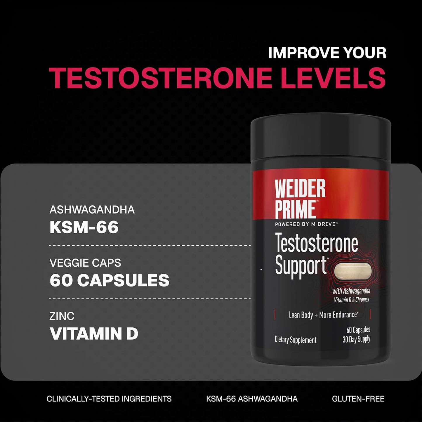 Weider Prime Support for Men, Supports Energy, Strength, Focus, Stress, Lean Muscle - 60 Capsules
