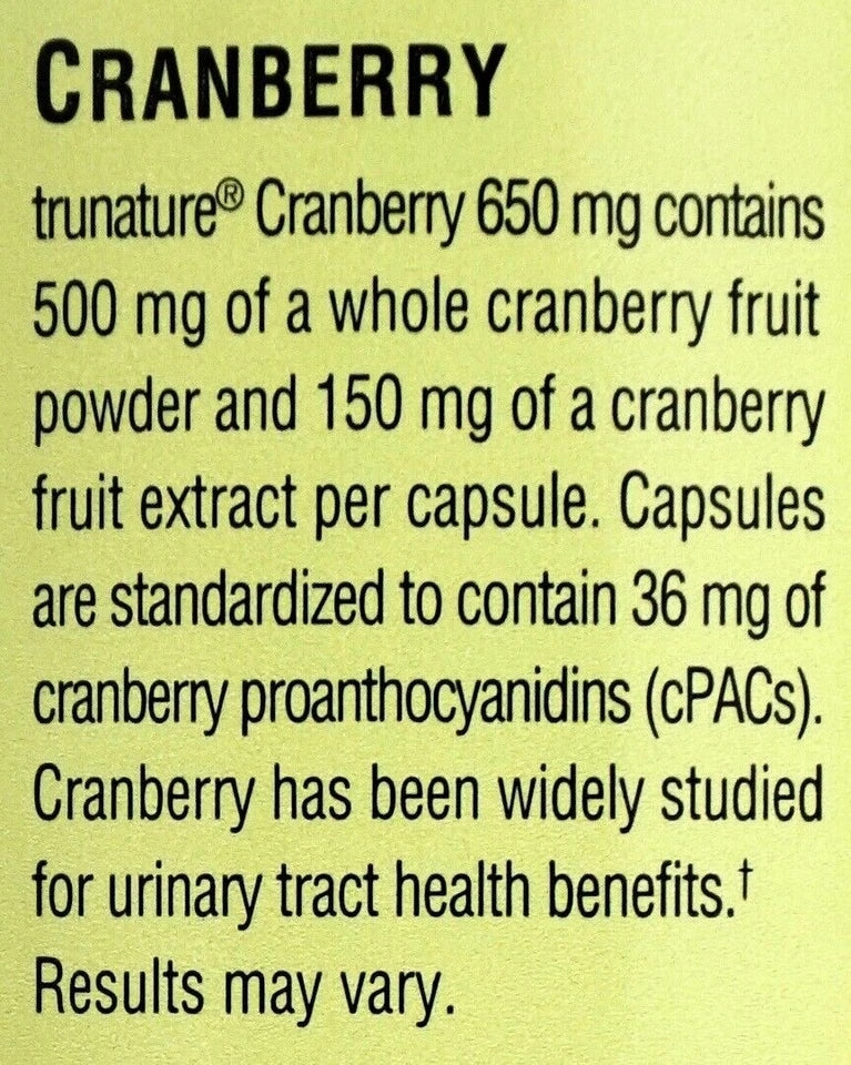 Trunature Pacran Cranberry 650 mg. 140 Vegetarian Capsules Exp July 2027