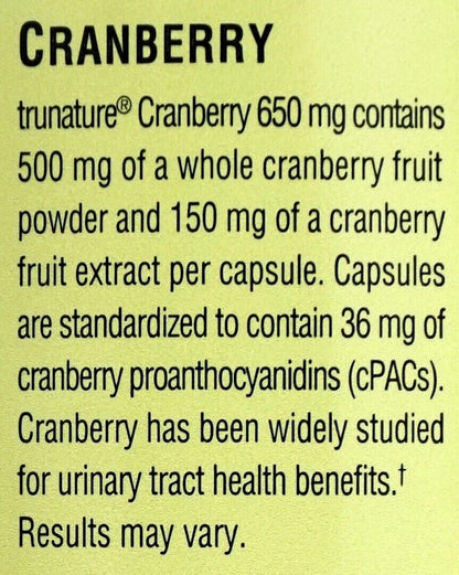 Trunature Pacran Cranberry 650 mg. 140 Vegetarian Capsules Exp July 2027