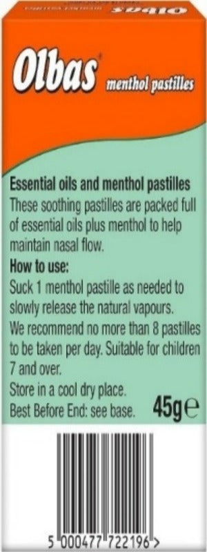 Olbas Pastilles Menthol 45g Clears The Head Soothes Expiry 09-2026