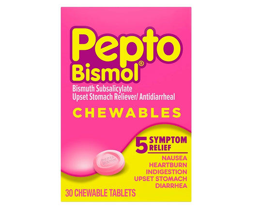 Pepto Bismol Chewable Tablets, Upset Stomach Relief, Nausea Relief 5 Symptom Relief, 30 Count